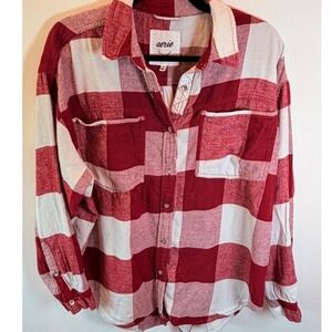 Aerie Red White Buffalo Plaid Flannel Shirt Oversized Cotton Button Down Small